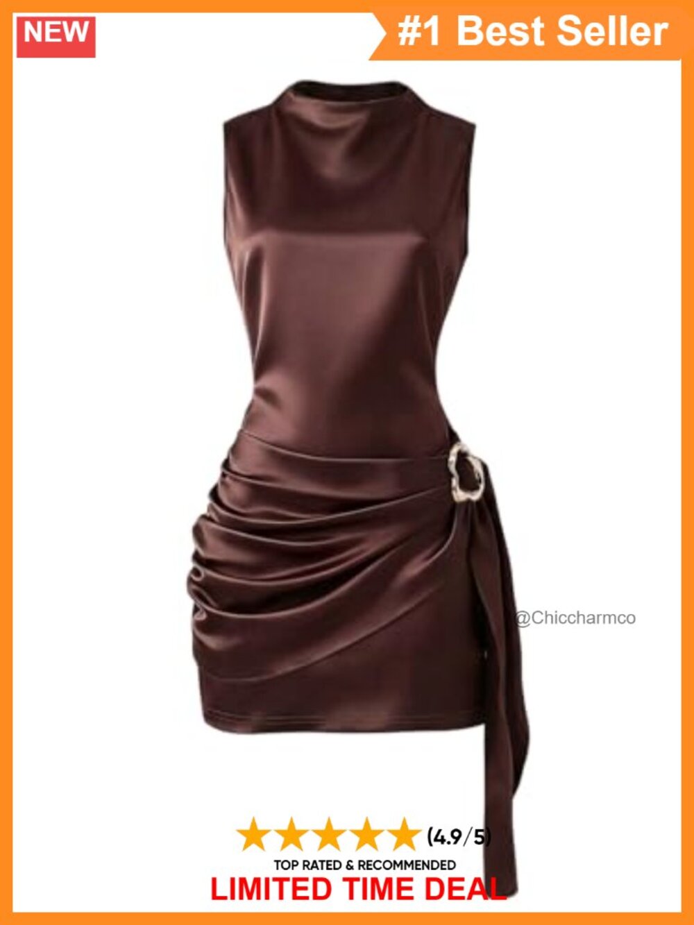 Satin Ruched Bodycon Mini Dress Sleeveless Mock Neck